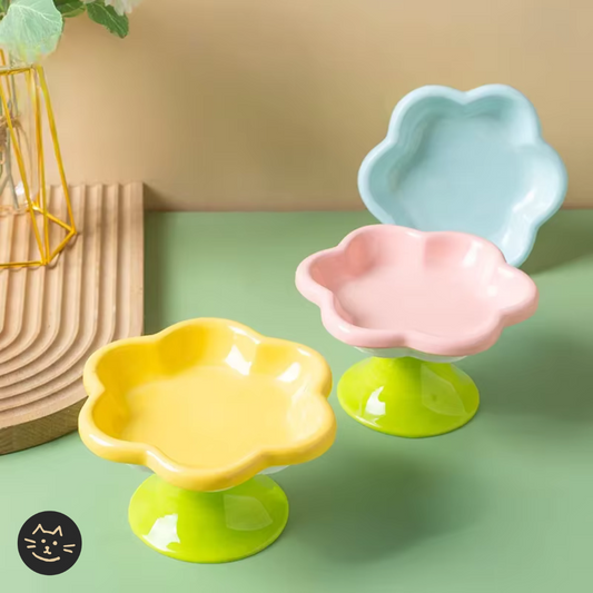 Cat Flower Ceramic Elevated Feeding Bowl